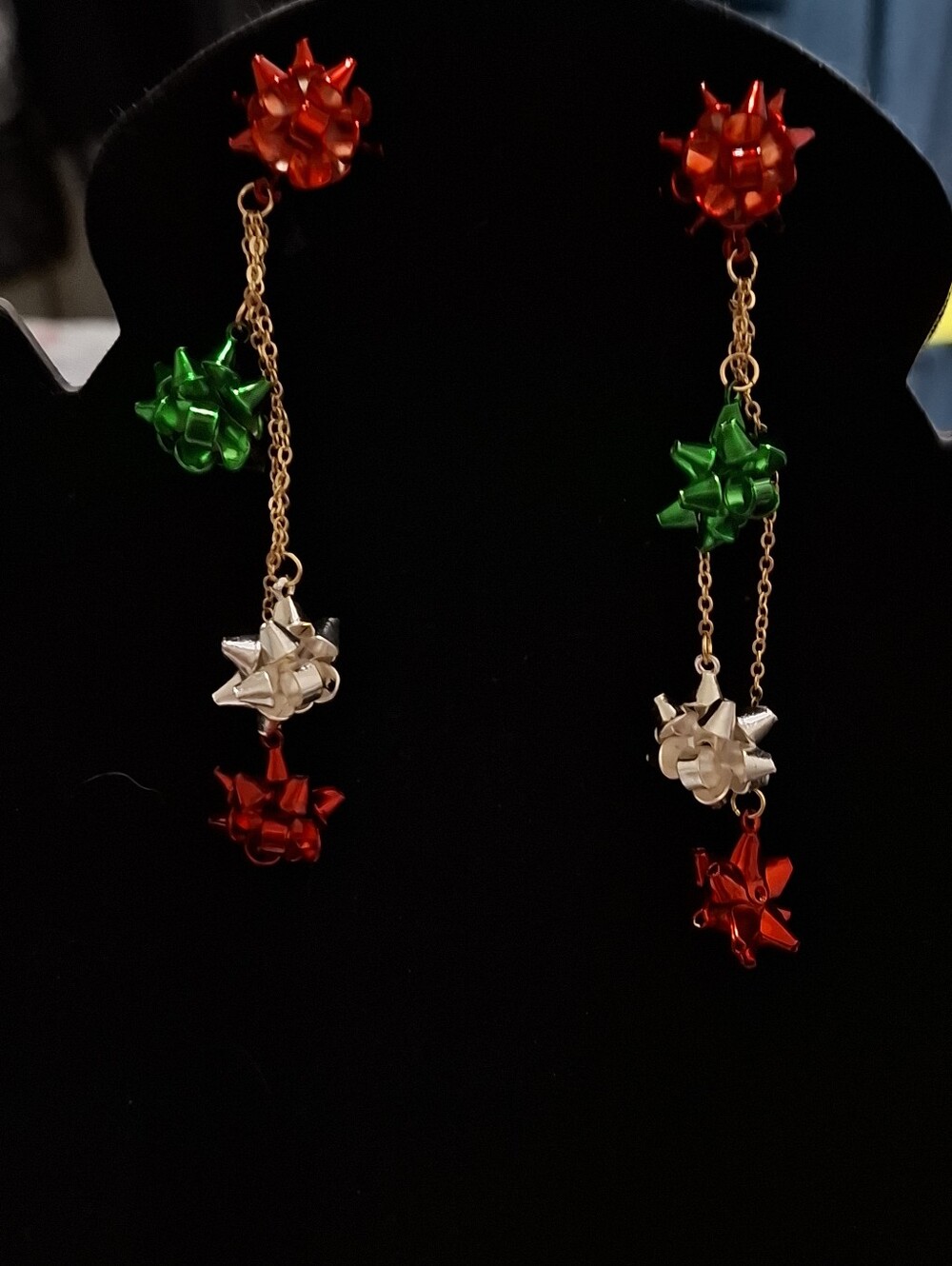 Gold Chain Drop Earrings with Red, Green & Silver Charms